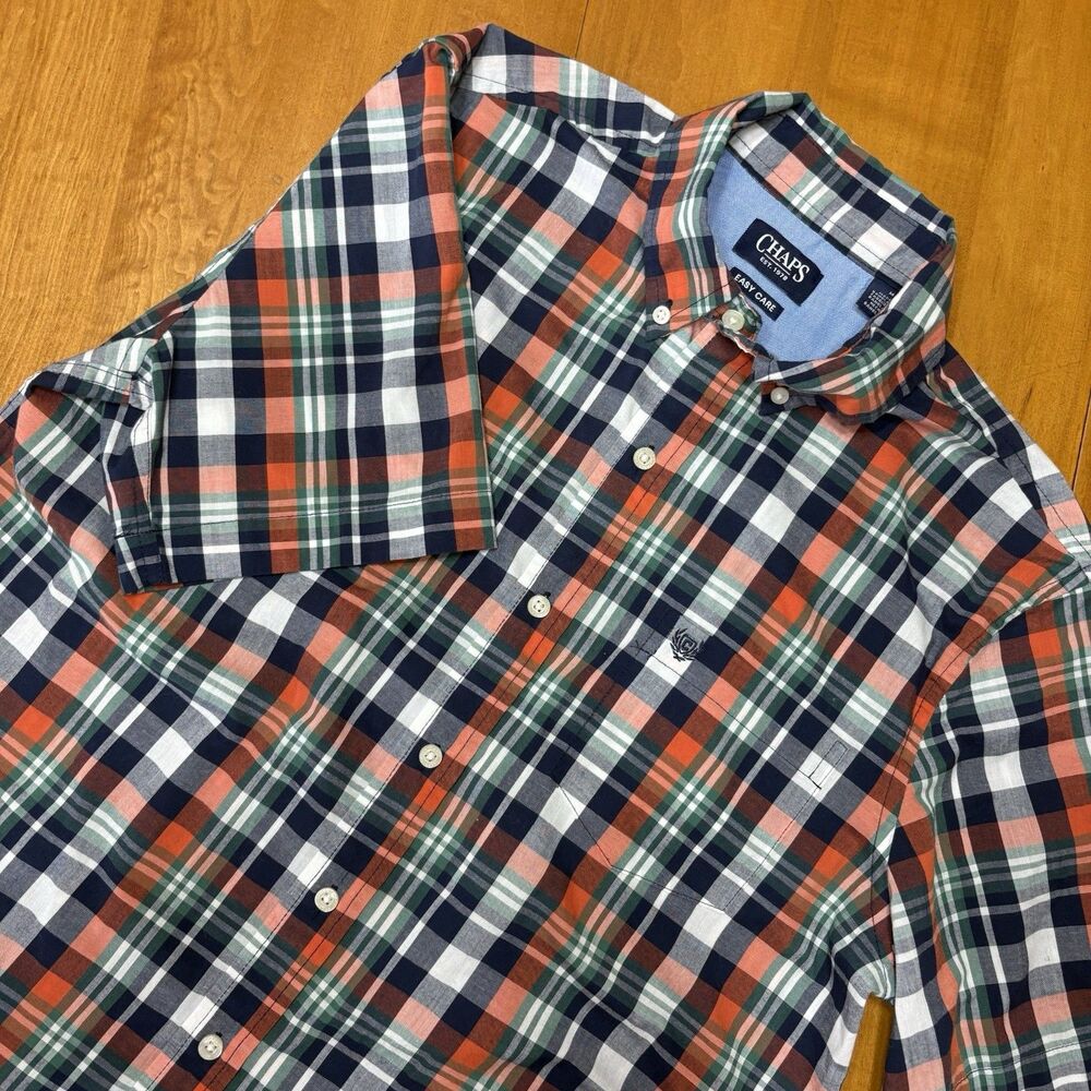 Chaps Shirt Mens Medium Blue Orange Plaid Short Sleeve‎ Button Down Easy Care